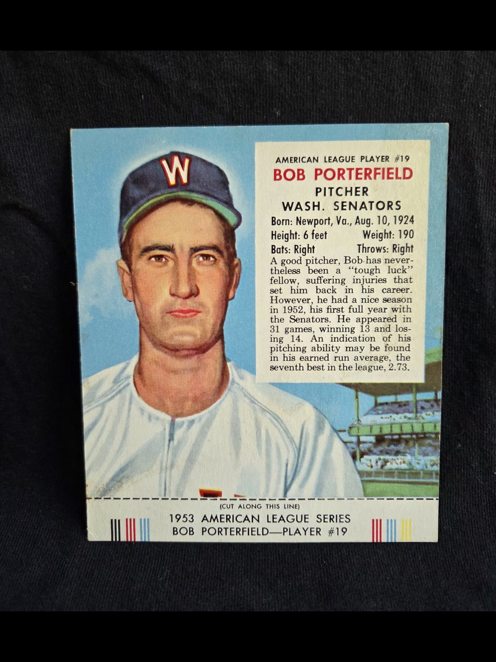 VINTAGE Bob Porterfield 1953 Baseball Card - Washington Senators - COMPLETE #19
